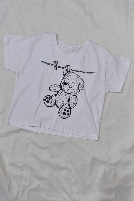 کراپ تیشرت طرحدار فری سایز قد۵۰ سفید