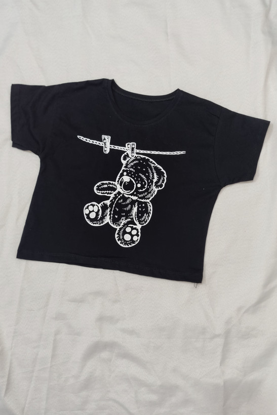 کراپ تیشرت طرحدار فری سایز قد۵۰ مشکی