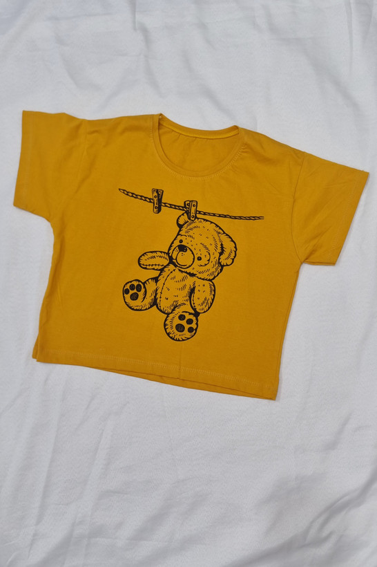 کراپ تیشرت طرحدار فری سایز قد۵۰ زرد