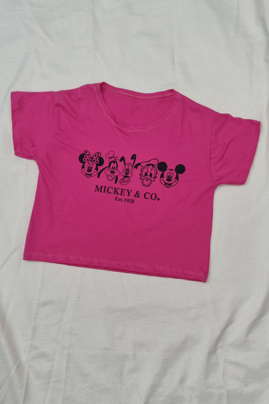 کراپ تیشرت طرحدار فری سایز قد۵۰ صورتی