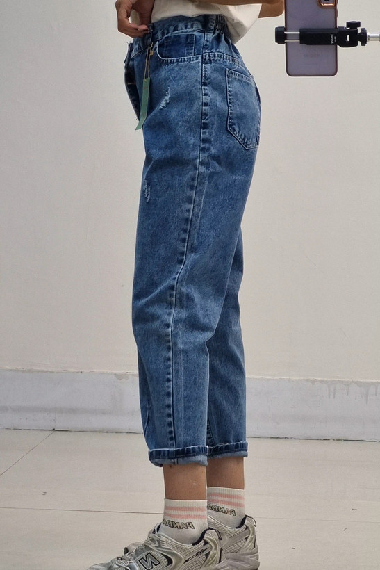 شلوار مام فیت آبی تیره قد ۹۰