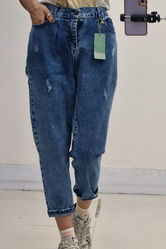 شلوار مام فیت آبی تیره قد ۹۰