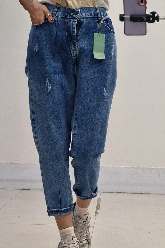 شلوار مام فیت آبی تیره قد ۹۰