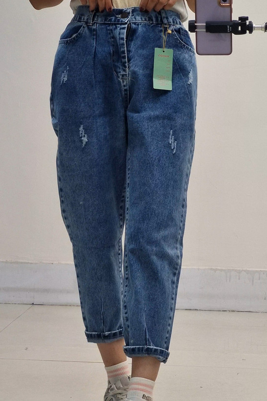 شلوار مام فیت آبی تیره قد ۹۰