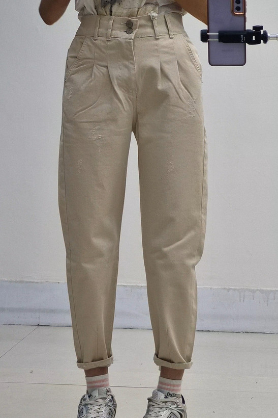 شلوار مام فیت کرمی قد۹۰