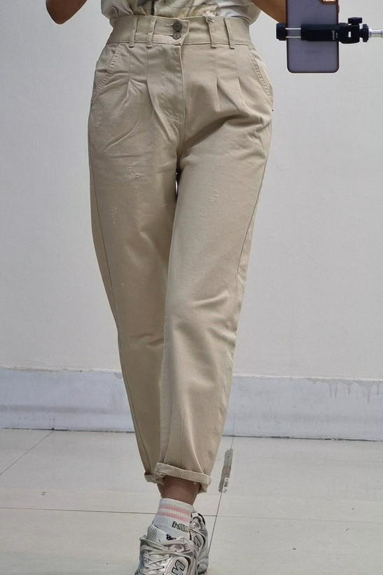 شلوار مام فیت کرمی قد۹۰