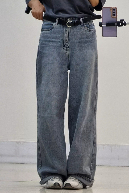 شلوار فول بگ آبی طوسی قد۱۱۰