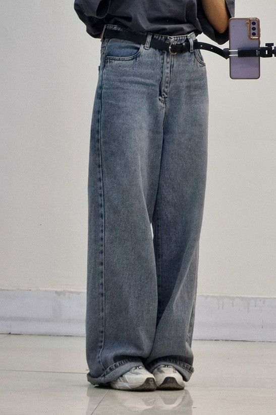 شلوار فول بگ آبی طوسی قد۱۱۰